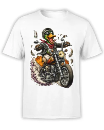 White T-shirt with a green duck biker riding a motorcycle, wearing goggles, a red scarf, and a helmet