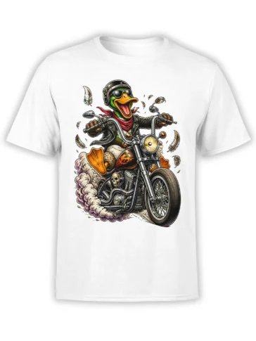 White T-shirt with a green duck biker riding a motorcycle, wearing goggles, a red scarf, and a helmet