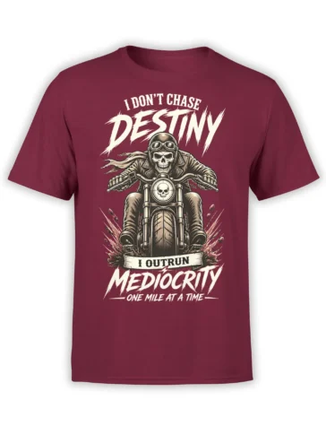 Skull-faced biker riding a motorcycle on a burgundy T-shirt with an anti-mediocrity slogan