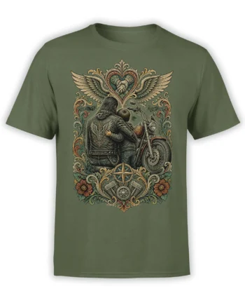 Olive green motorcycle T-shirt with a couple, winged heart, compass, flowers, and vintage ornate artwork