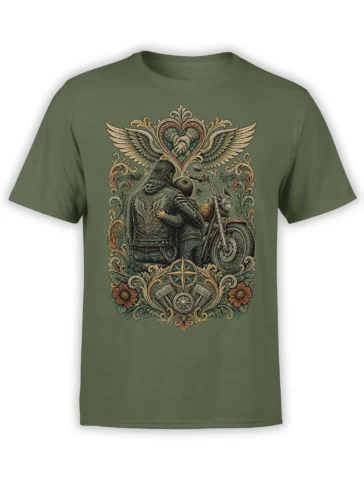 Olive green motorcycle T-shirt with a couple, winged heart, compass, flowers, and vintage ornate artwork