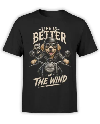 Vintage biker dog riding a motorcycle with goggles and paws in the wind text on a black T-shirt