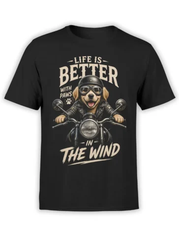 Vintage biker dog riding a motorcycle with goggles and paws in the wind text on a black T-shirt