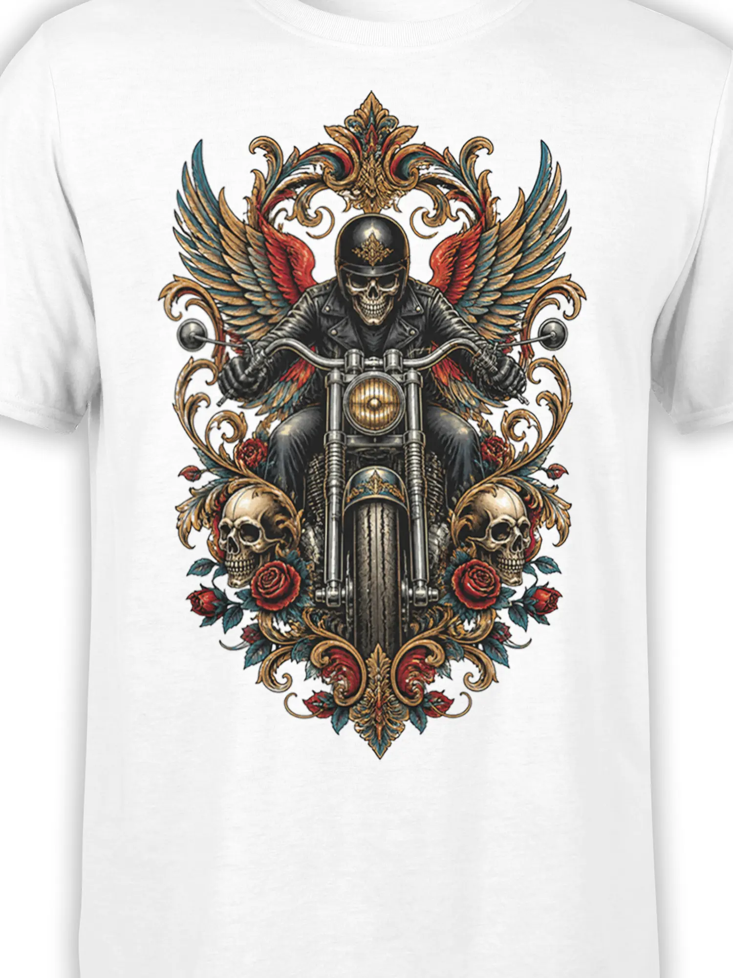 Close-up of winged skull rider motorcycle artwork with roses and gold ornament on a white T-shirt