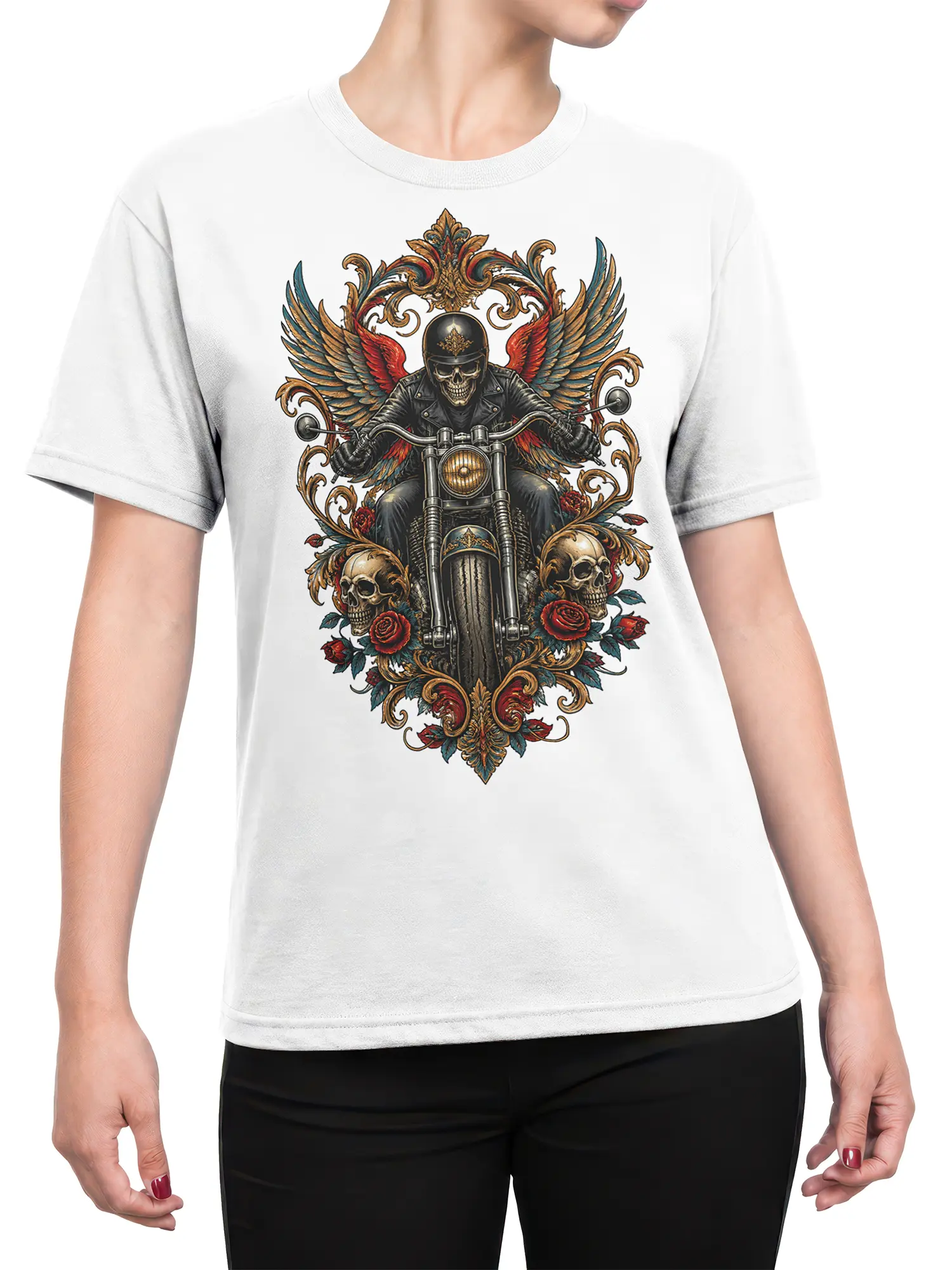 Female torso wearing a white T-shirt with a winged skull motorcycle rider and roses