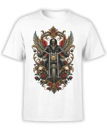 Winged skull motorcycle rider with blue and red wings, roses, and ornate details on a white T-shirt