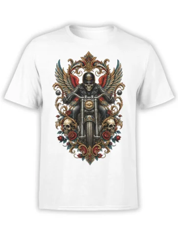 Winged skull motorcycle rider with blue and red wings, roses, and ornate details on a white T-shirt
