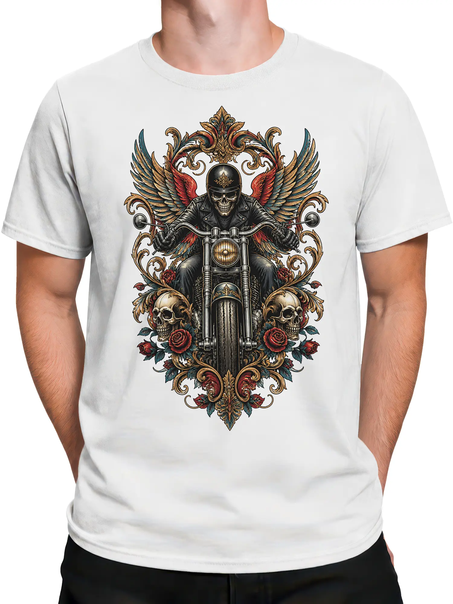Male torso wearing a white T-shirt with a winged skull motorcycle rider and roses