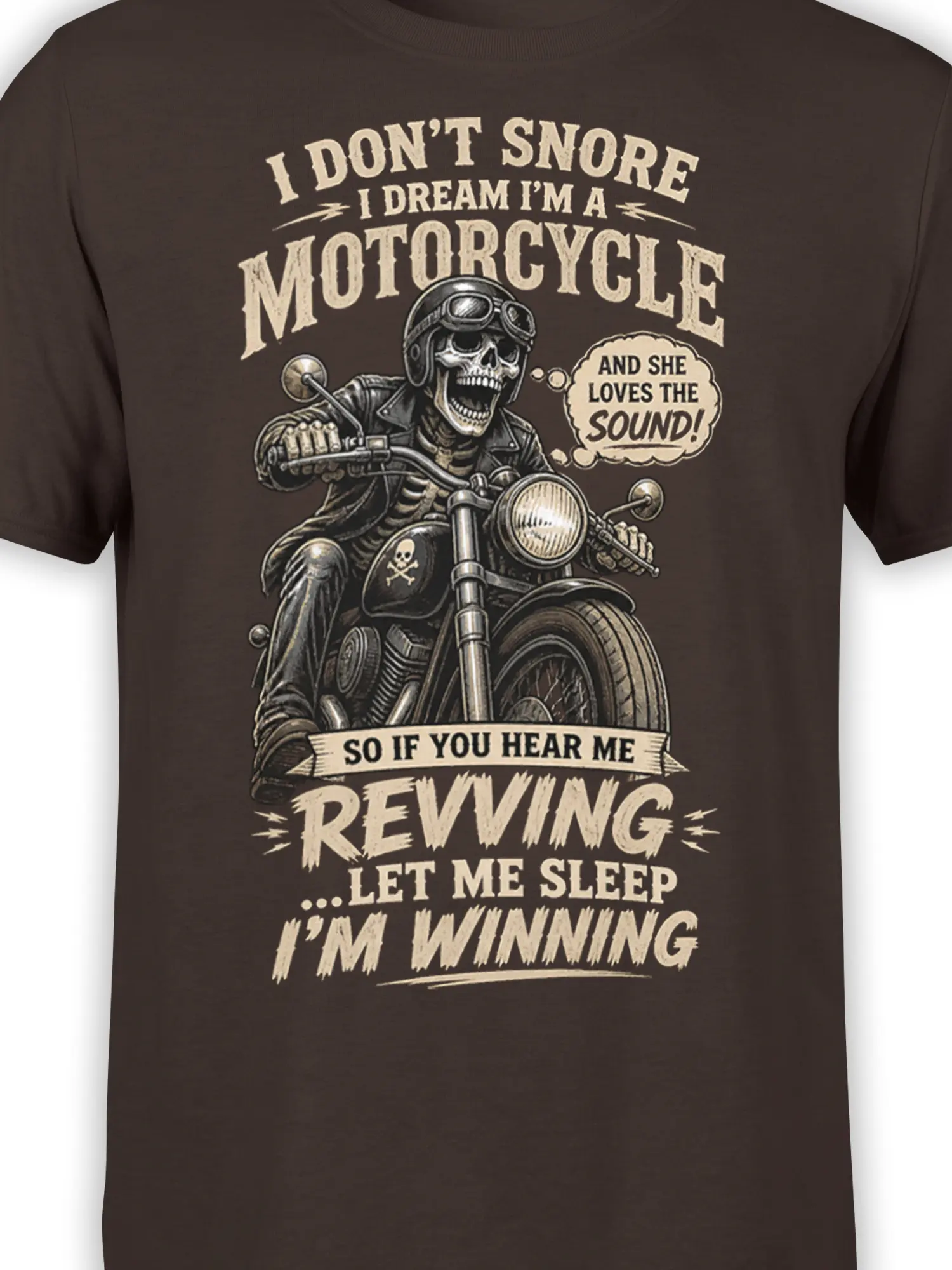 Close-up of skeleton biker, motorcycle details, and distressed cream lettering on a dark brown T-shirt