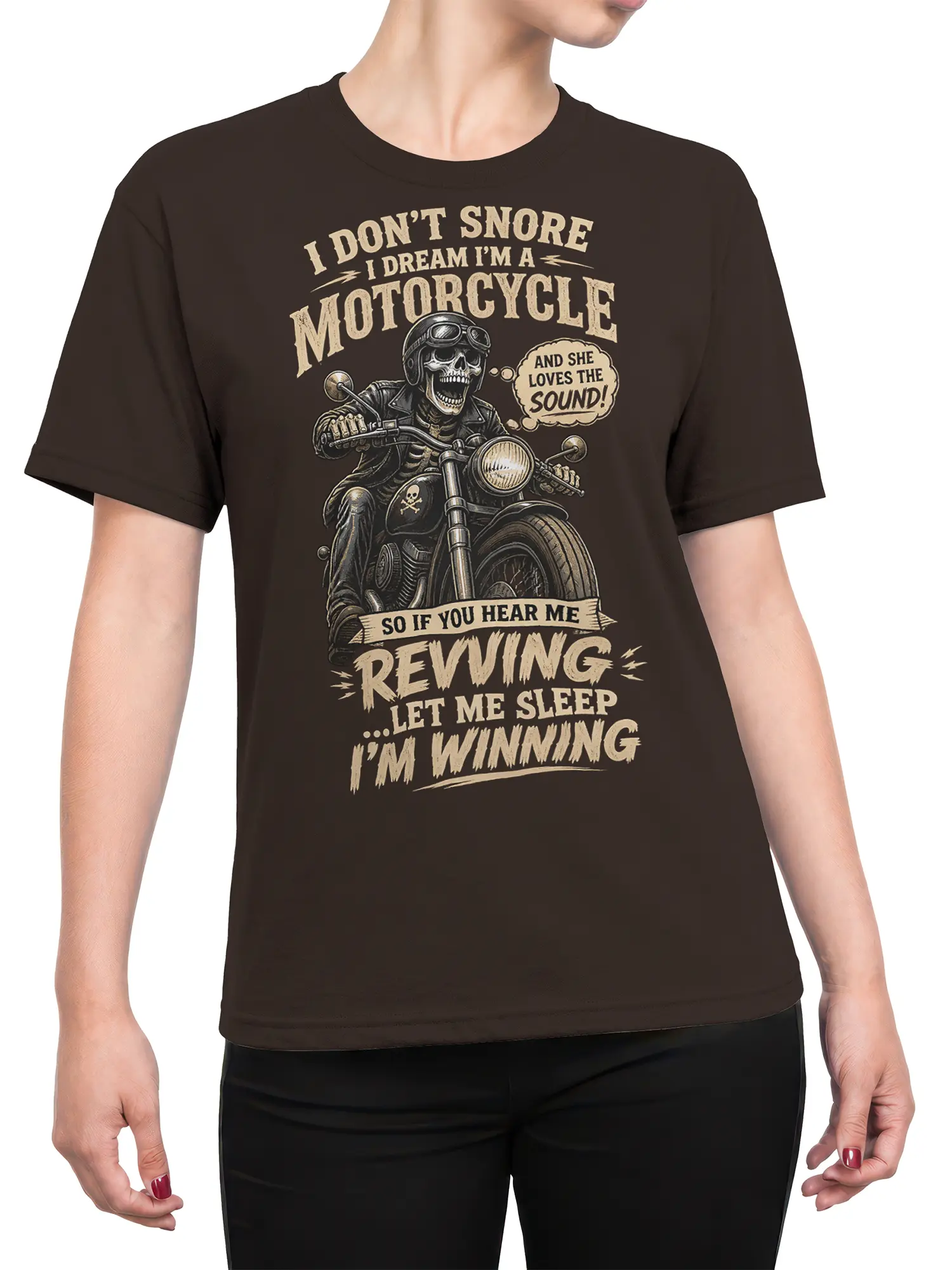 Female torso wearing a dark brown motorcycle T-shirt with a skeleton biker and vintage cream lettering