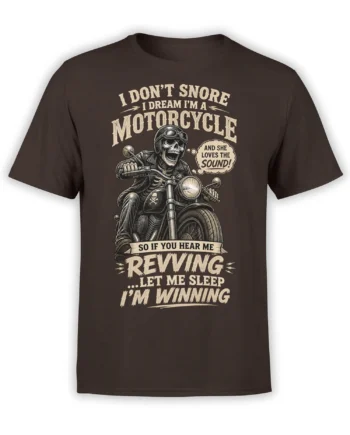 Grinning skeleton biker on a motorcycle with vintage revving humor text on a dark brown T-shirt
