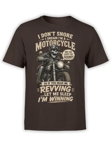 Grinning skeleton biker on a motorcycle with vintage revving humor text on a dark brown T-shirt