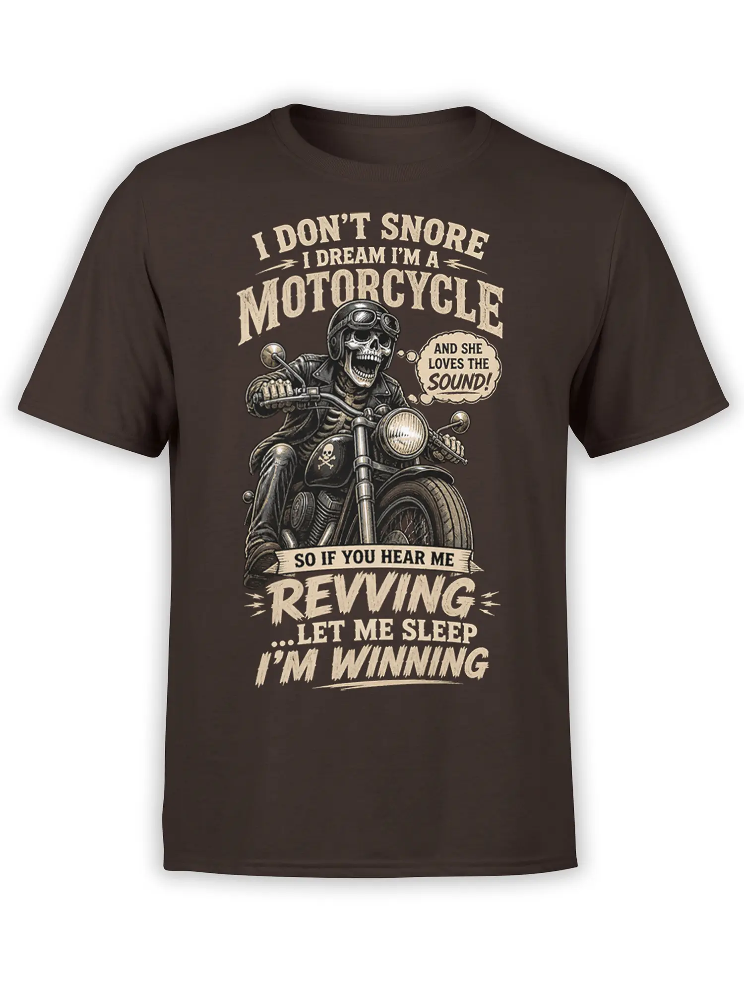 Grinning skeleton biker on a motorcycle with vintage revving humor text on a dark brown T-shirt
