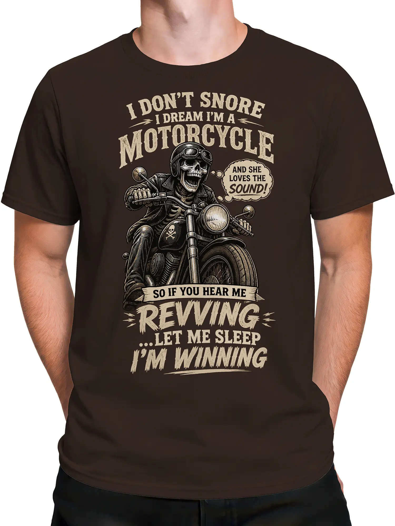 Male torso wearing a dark brown motorcycle T-shirt with skeleton biker artwork and revving humor