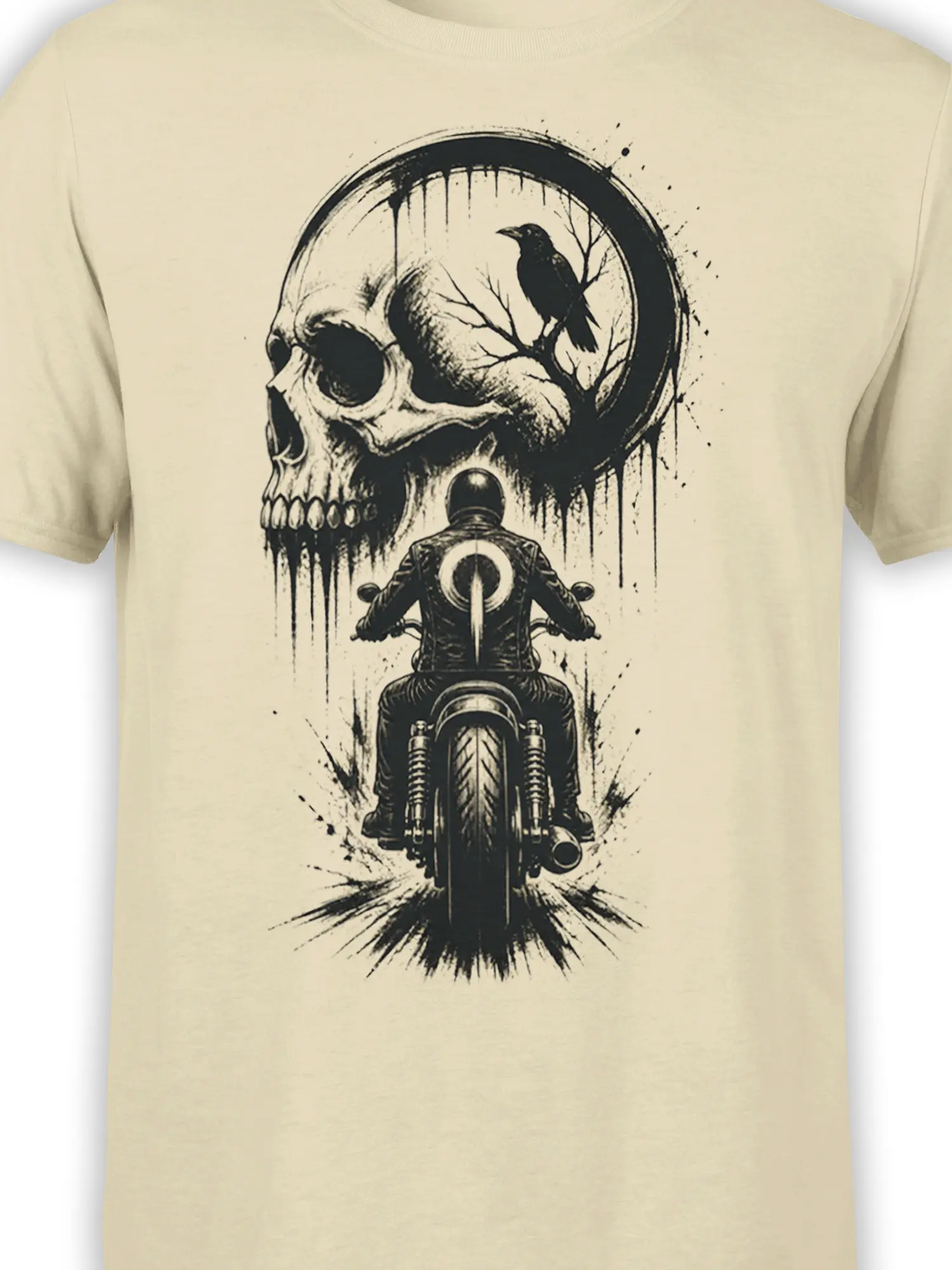 Close-up of the skull, raven, and motorcycle rider design on a beige graphic T-shirt