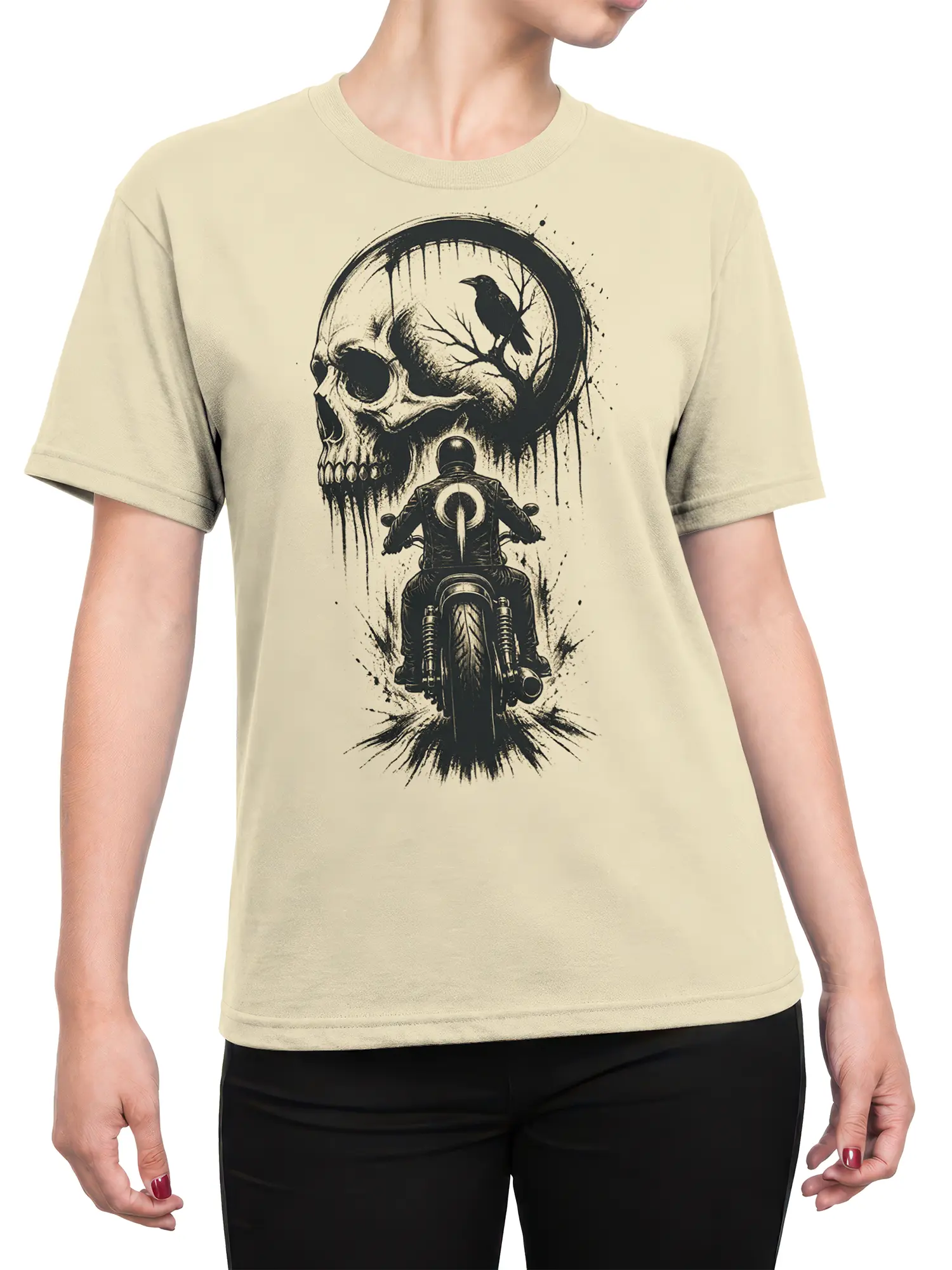 Female torso wearing a beige motorcycle T-shirt with skull, raven, and rider artwork
