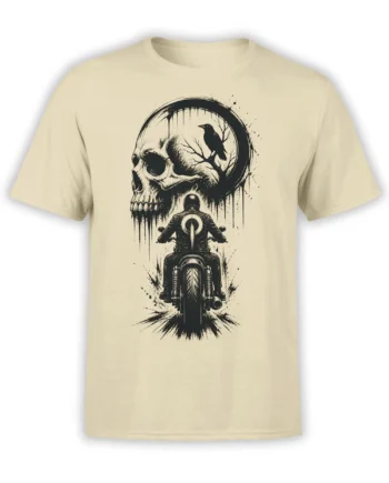 Beige motorcycle T-shirt with a distressed skull, raven, and rider graphic in black ink