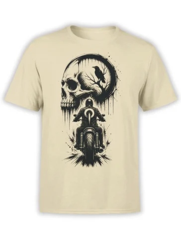 Beige motorcycle T-shirt with a distressed skull, raven, and rider graphic in black ink