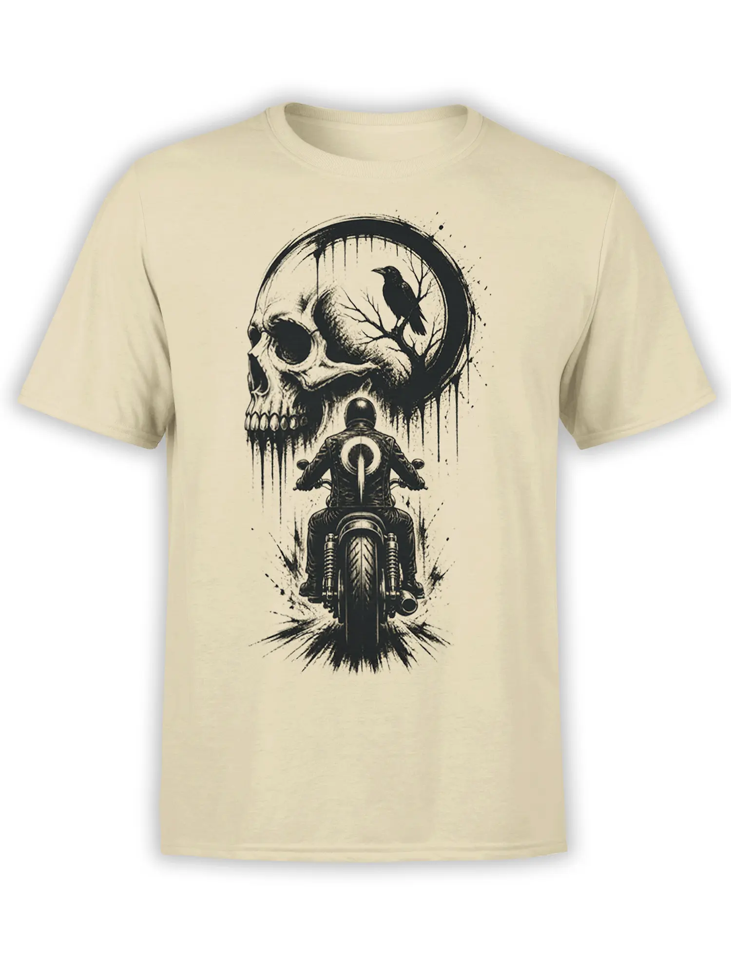 Beige motorcycle T-shirt with a distressed skull, raven, and rider graphic in black ink