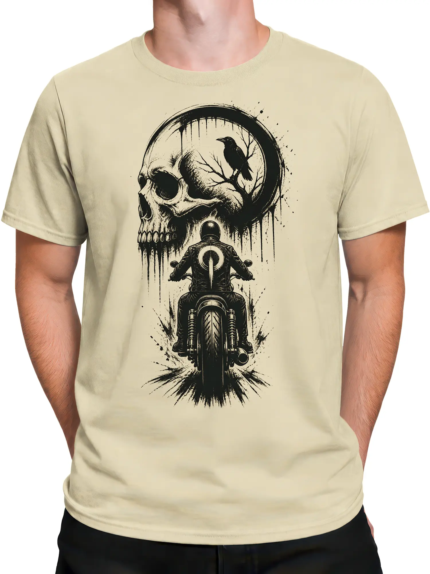Male torso wearing a beige biker T-shirt with distressed skull and raven artwork