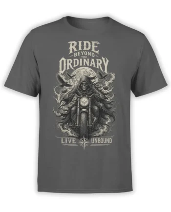 Gray motorcycle T-shirt with a hooded skull rider, moon, flying birds, smoke, and “Ride Beyond the Ordinary” text
