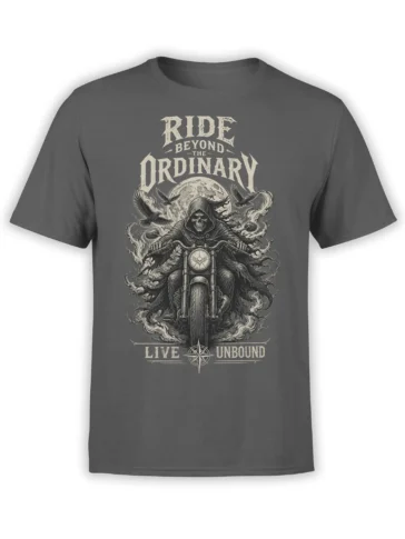 Gray motorcycle T-shirt with a hooded skull rider, moon, flying birds, smoke, and “Ride Beyond the Ordinary” text
