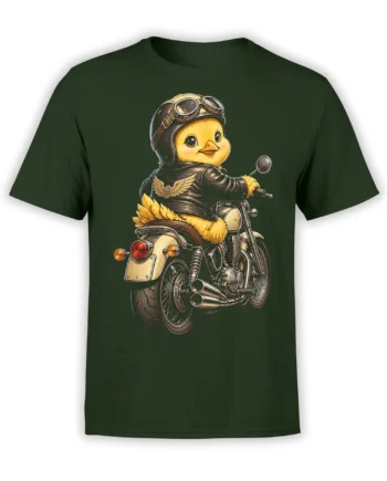 Yellow chick in aviator goggles riding a classic motorcycle on a green graphic T-shirt