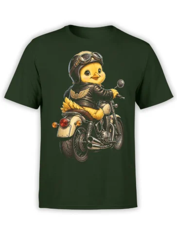 Yellow chick in aviator goggles riding a classic motorcycle on a green graphic T-shirt