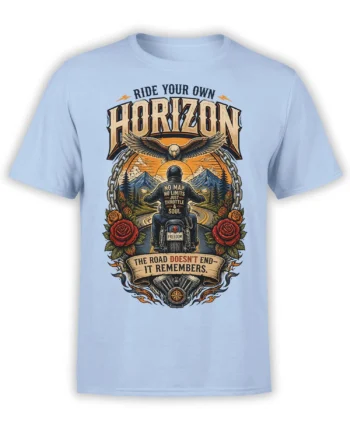 Light blue motorcycle T-shirt with eagle, mountain road, roses, and bold Ride Your Own Horizon lettering