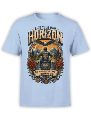 Light blue motorcycle T-shirt with eagle, mountain road, roses, and bold Ride Your Own Horizon lettering