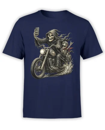 Hooded skeleton biker taking a selfie with a goggle-wearing passenger on a navy T-shirt