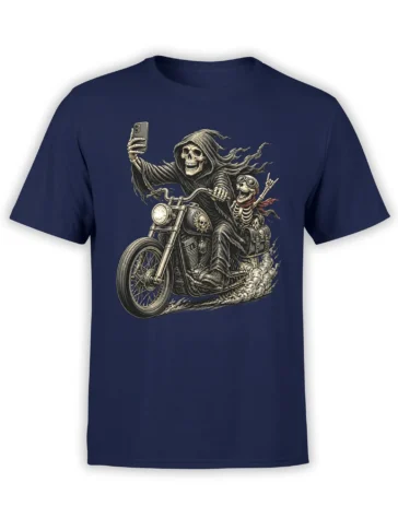 Hooded skeleton biker taking a selfie with a goggle-wearing passenger on a navy T-shirt