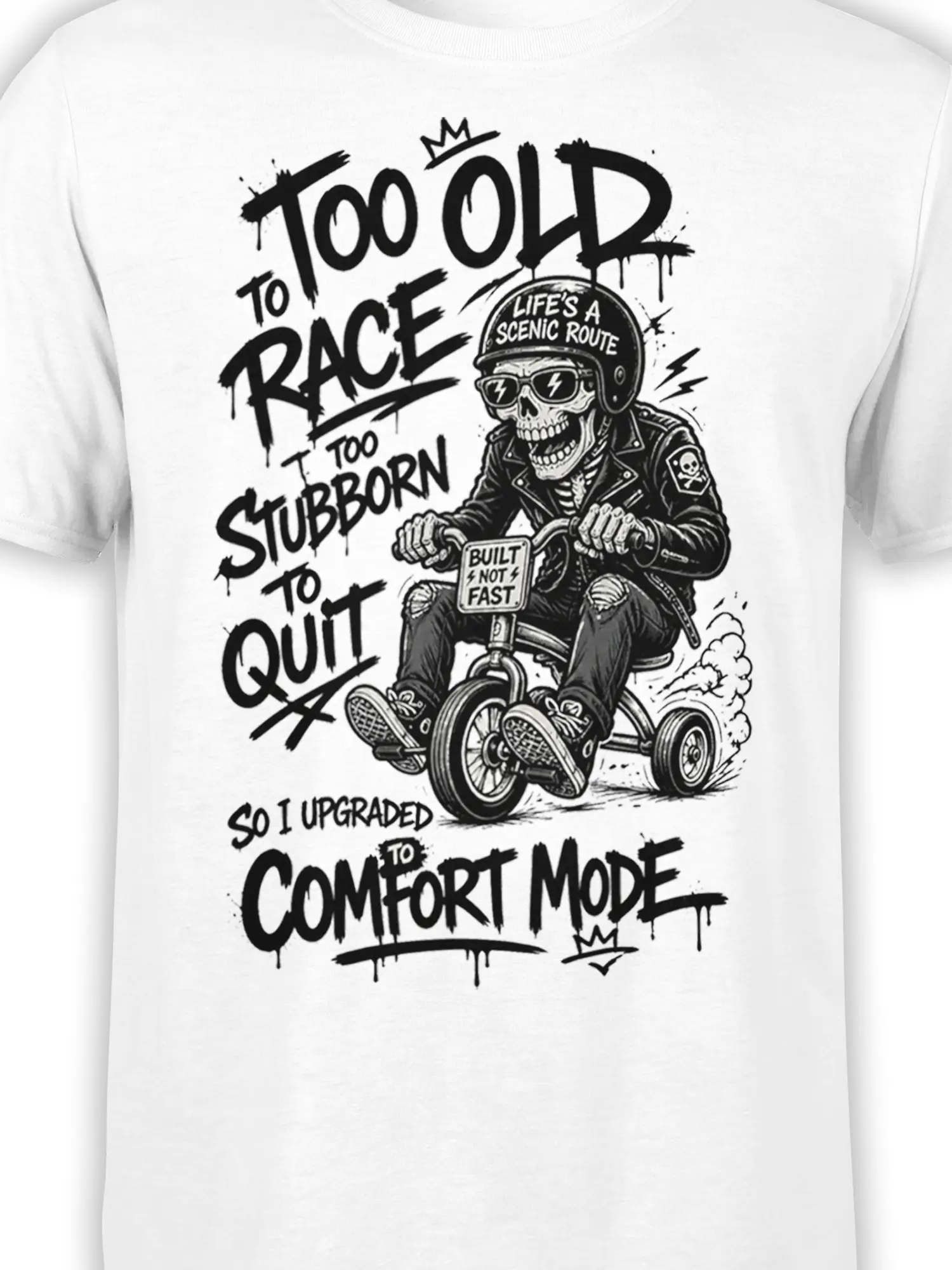 Close-up of black-and-white skull rider artwork and comfort mode lettering on a white T-shirt