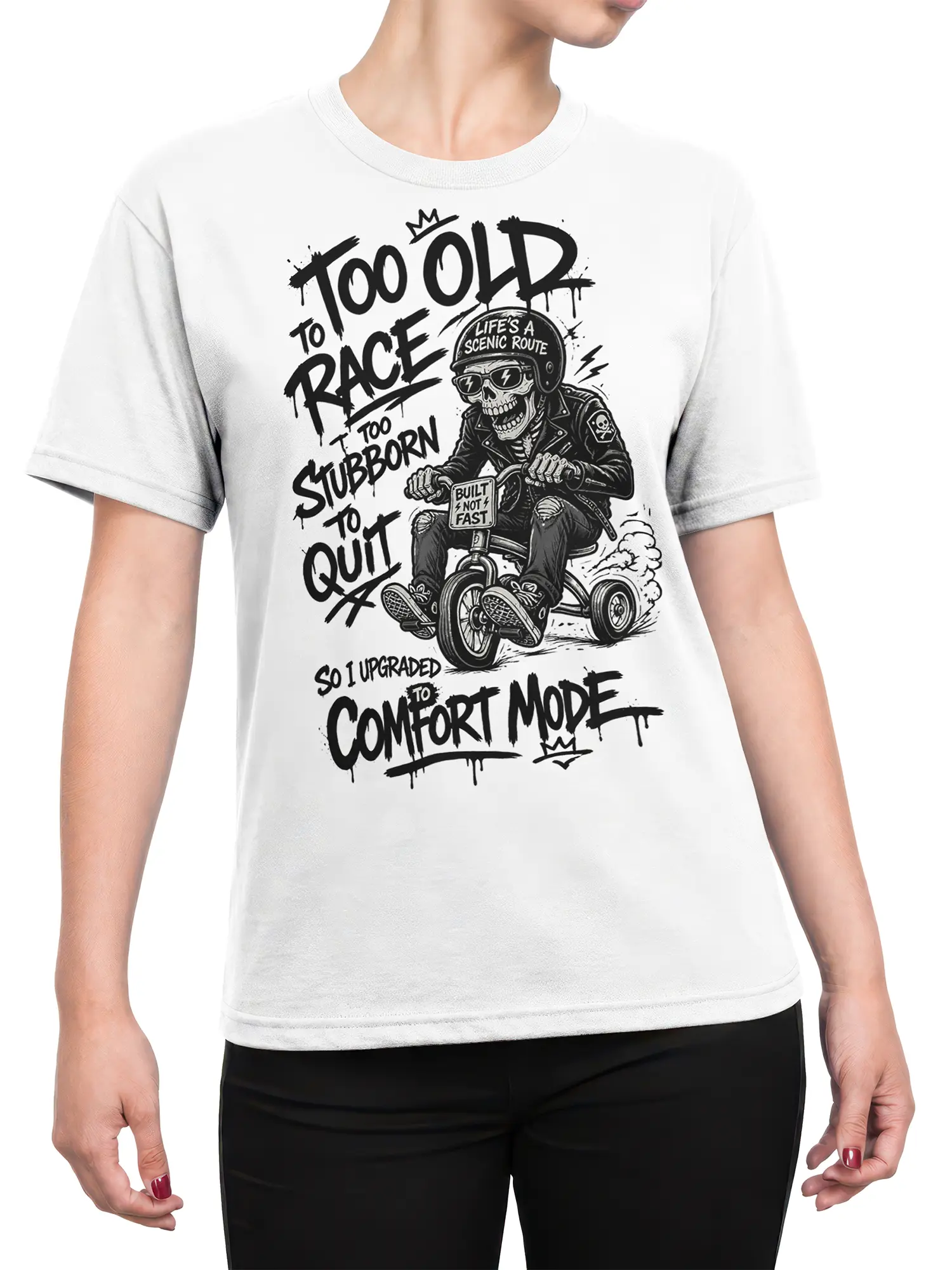 Female torso wearing a white skull rider T-shirt with bold comfort mode graphic and black lettering
