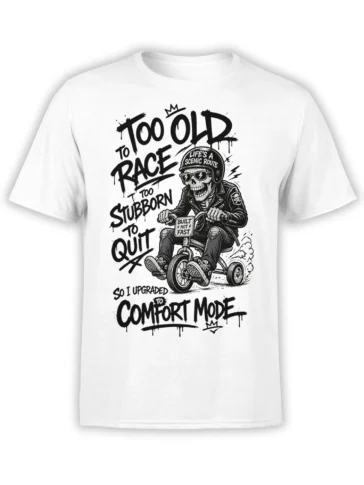 White T-shirt with grinning skull rider, bold comfort mode lettering, and built not fast message