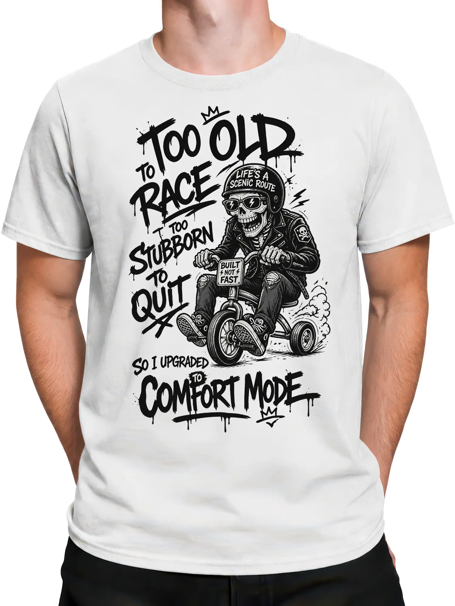 Male torso wearing a white skull rider T-shirt with rebellious biker-style lettering