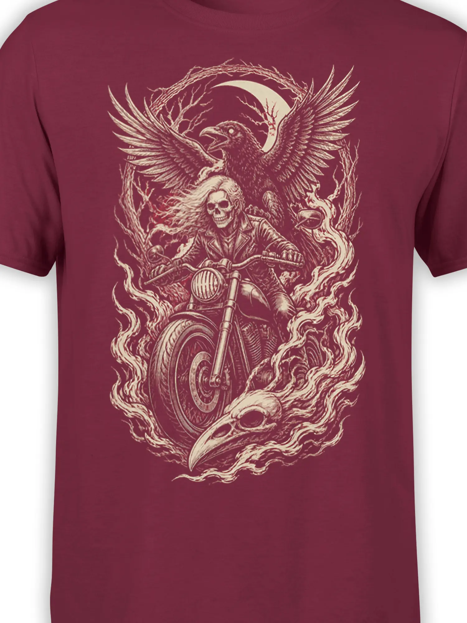 Close-up of the cream skeleton motorcycle rider graphic with flames and bird skull on a burgundy shirt