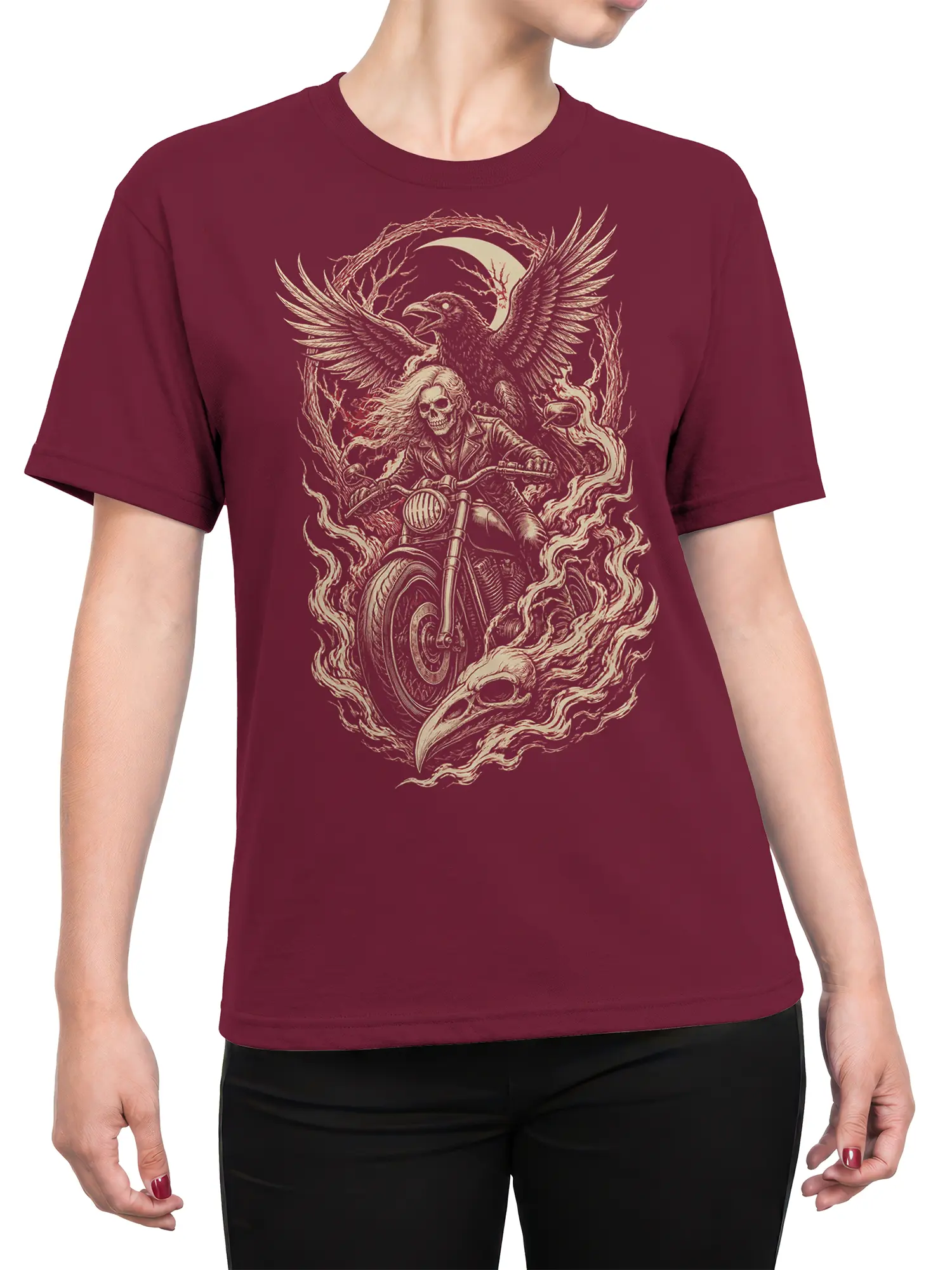 Female torso wearing a burgundy T-shirt with a cream skeleton motorcycle rider and dramatic gothic flame artwork