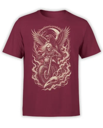 Burgundy biker T-shirt with a cream skeleton rider on a motorcycle, flames, moon, wings, and bird skull