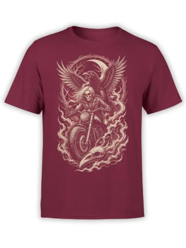 Burgundy biker T-shirt with a cream skeleton rider on a motorcycle, flames, moon, wings, and bird skull
