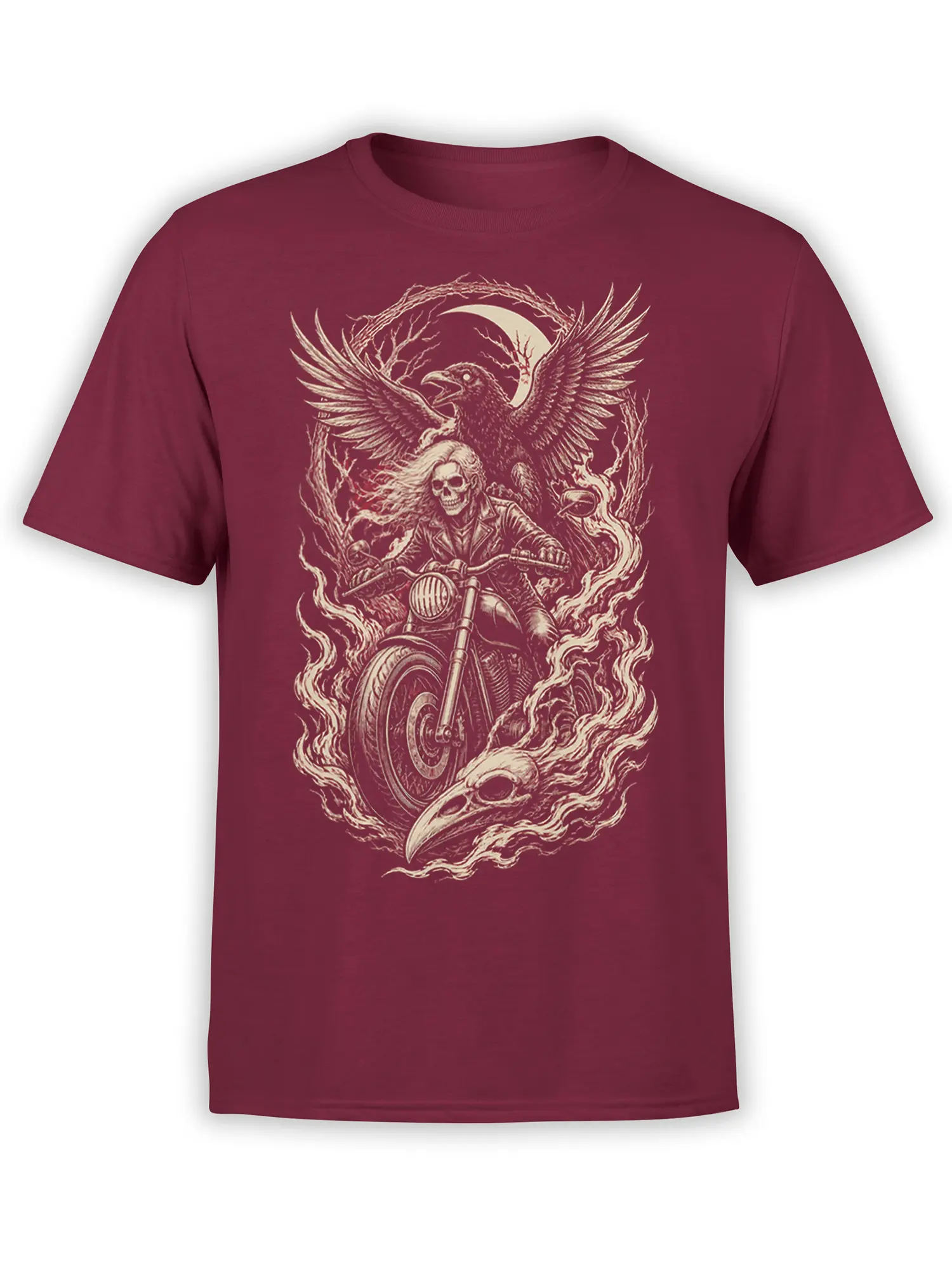 Burgundy biker T-shirt with a cream skeleton rider on a motorcycle, flames, moon, wings, and bird skull