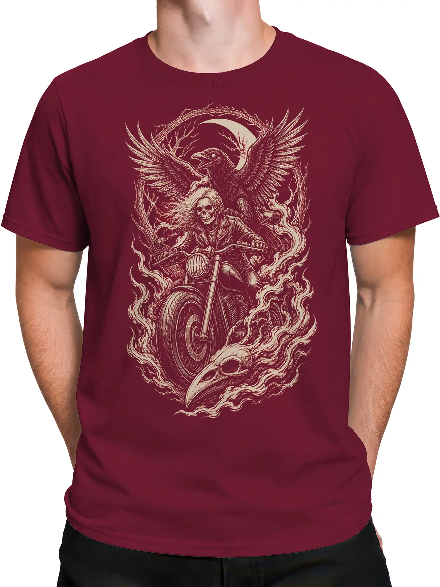 Male torso wearing a burgundy biker T-shirt with a cream skeleton rider, motorcycle, flames, and moon