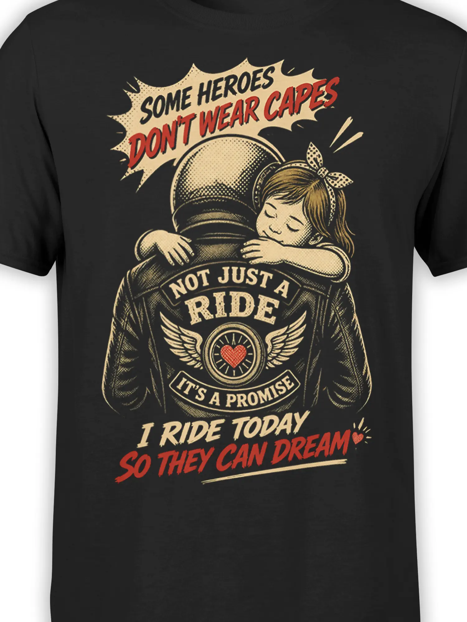 Close-up of the black biker T-shirt design with a child, rider, winged heart, and retro cream and red lettering