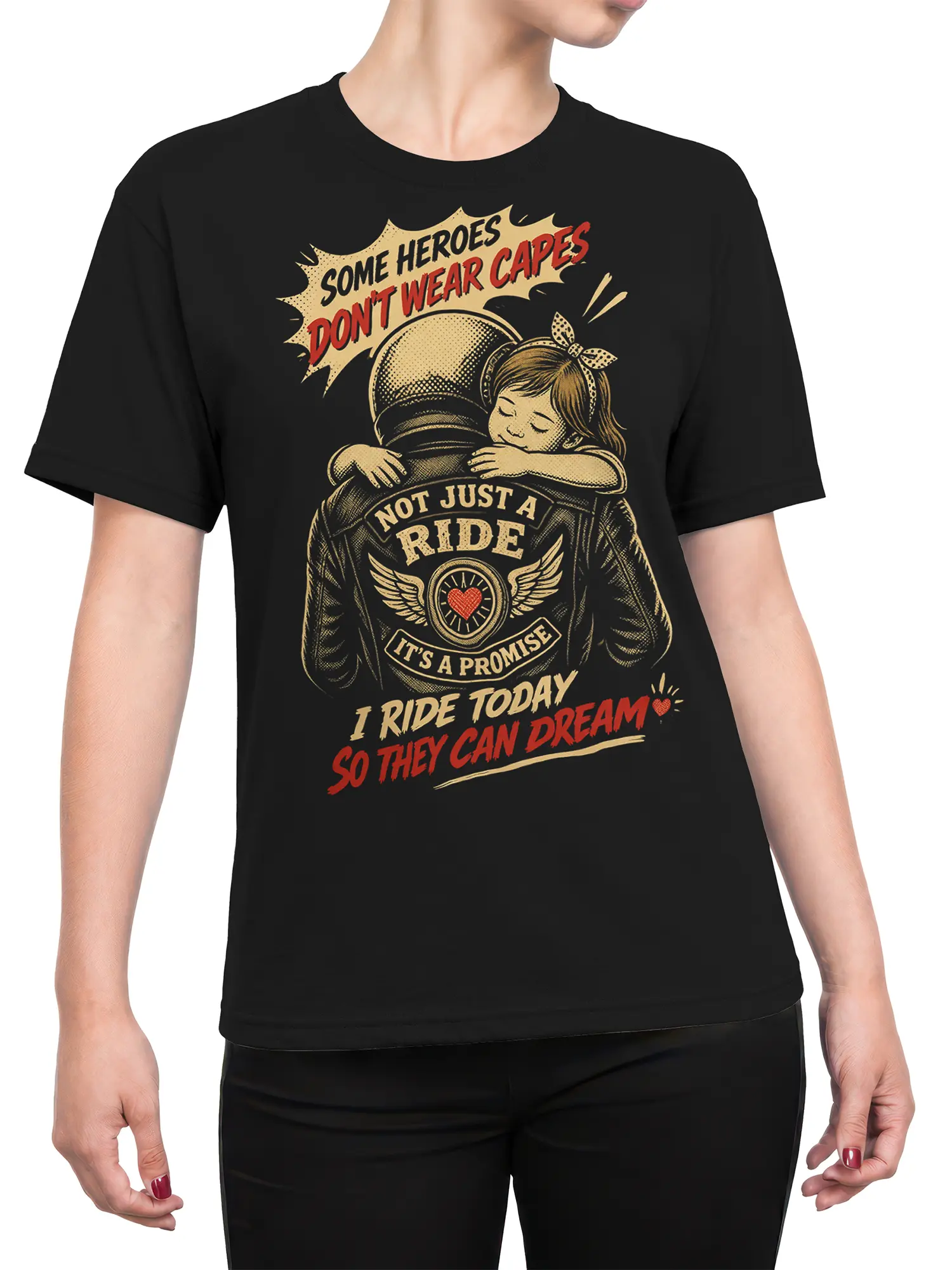 Female torso wearing a black biker T-shirt with a child and motorcycle rider graphic in vintage cream and red