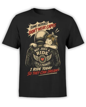Black biker T-shirt with child hugging a motorcycle rider and the message “Some heroes don’t wear capes”