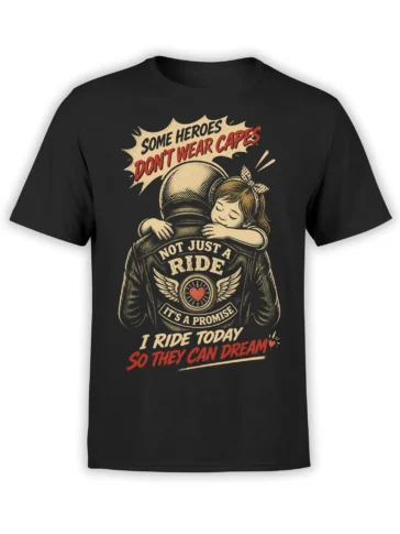 Black biker T-shirt with child hugging a motorcycle rider and the message “Some heroes don’t wear capes”