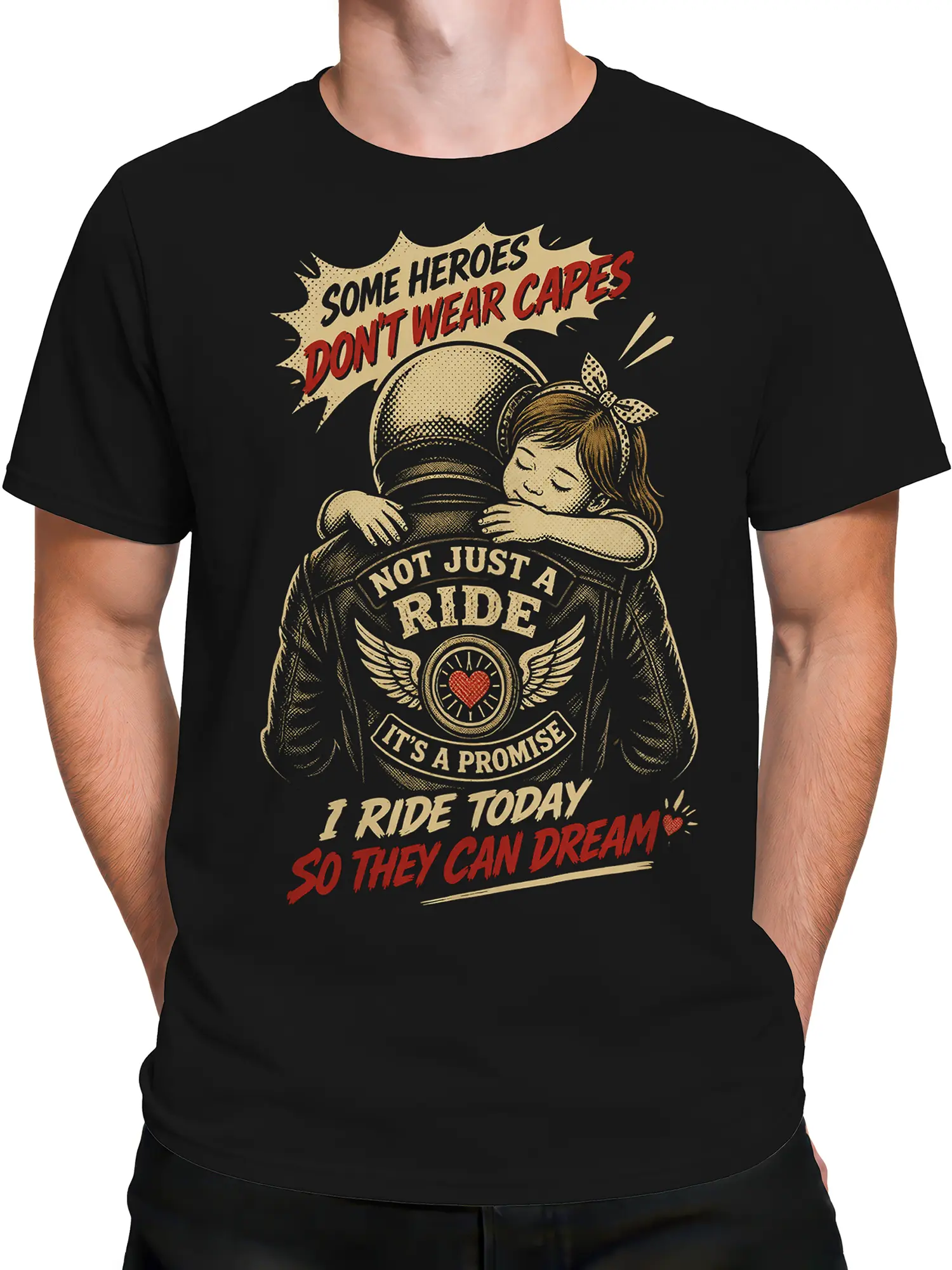 Male torso wearing a black biker T-shirt with a motorcycle rider, child, and winged heart design