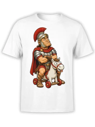 White T-shirt featuring a cartoon Roman warrior with red plume beside a cheerful horse on wheels