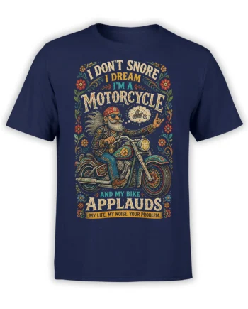 Vintage bearded biker riding a decorated motorcycle with floral details and bold lettering on a navy T-shirt