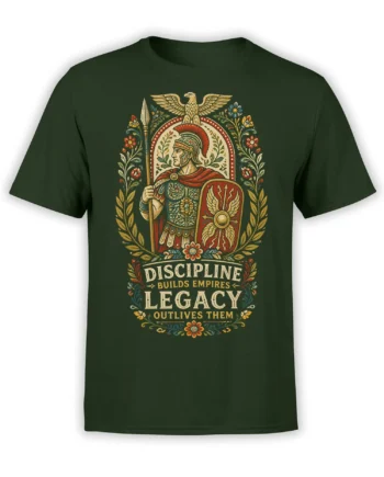Roman warrior T-shirt in green with eagle, shield, spear, and Discipline Builds Empires Legacy artwork